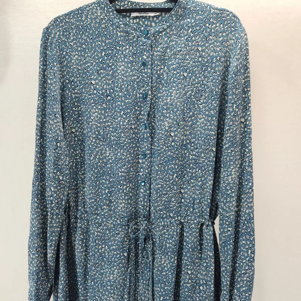 Atella Blue Floral‎ Tiered Midi Dress long sleeve Womens XL Prairie Cottagecore